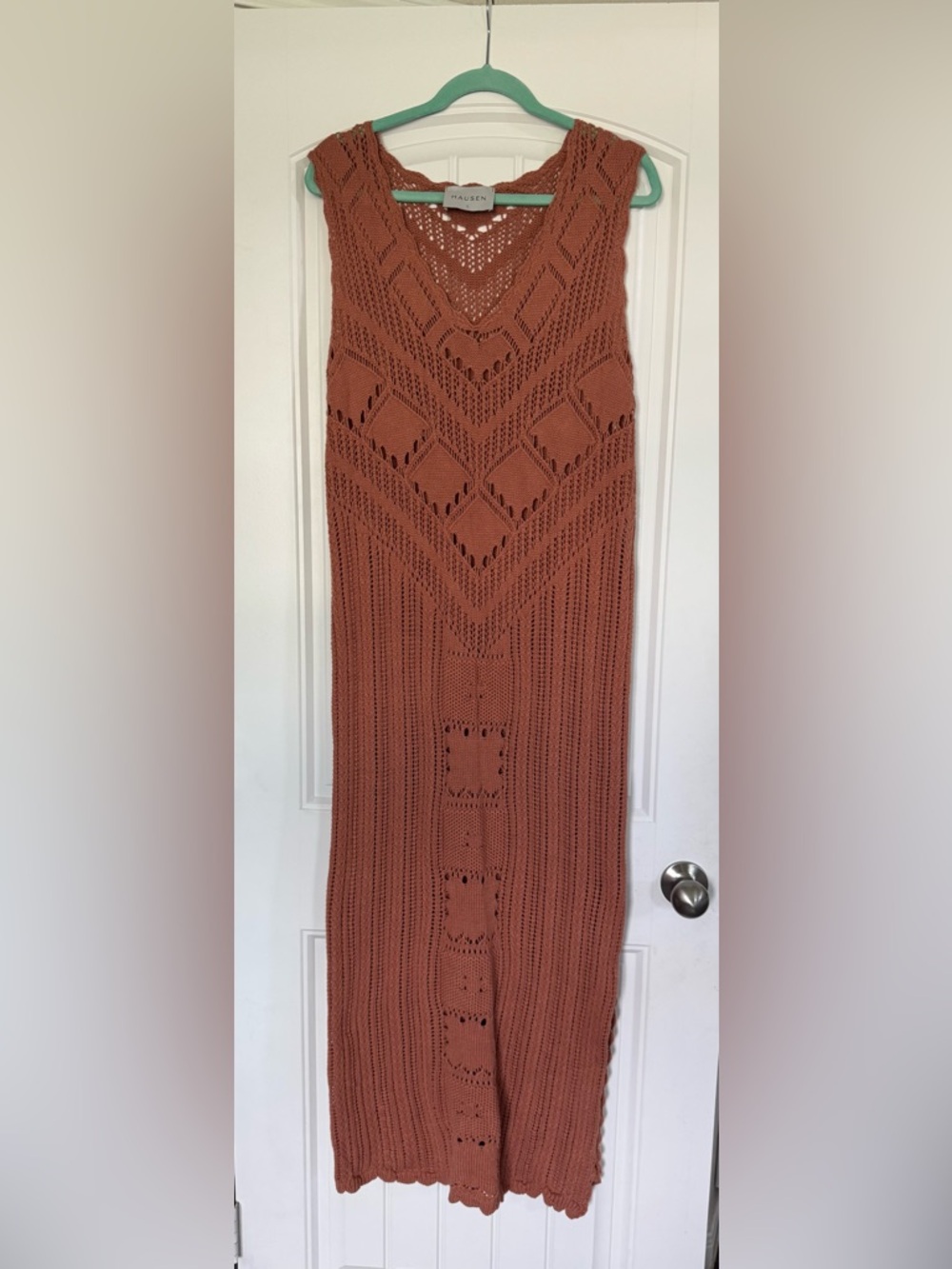 Hausen Rust Brown Crochet Knit Maxi Dress V-Neck Sleeveless Women L LD1226